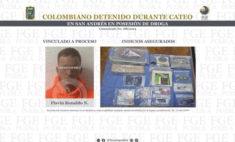 Detenido, colombiano, droga, cateo, FGE, San Andrés Cholula