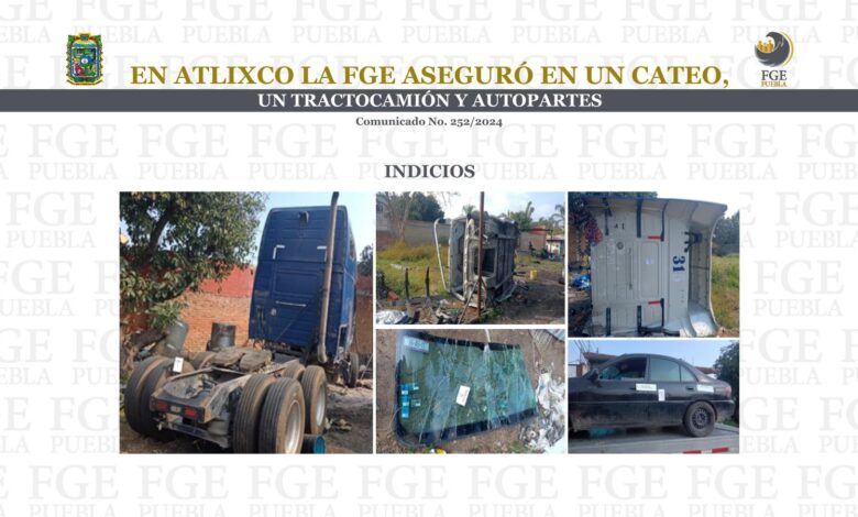 cateo, FGE, Atlixco, tractocamión robado, autopartes