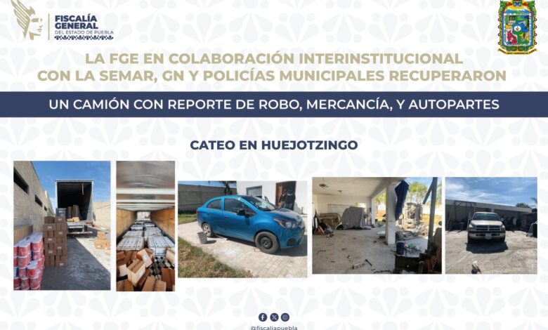 cateo, Fiscalía, robo de vehículo, mercancía robada, autopartes, Huejotzingo