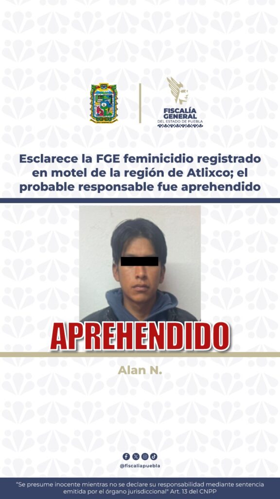 feminicidio, motel Paraíso, Atlixco, FGE, aprehensión, detenido