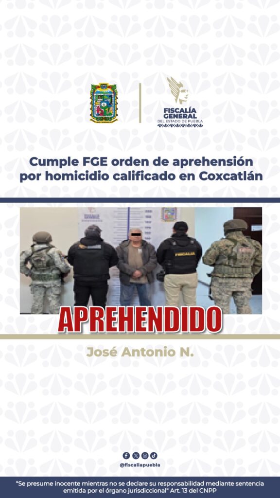 FGE, aprehensión, Coxcatlán, homicidio calificado