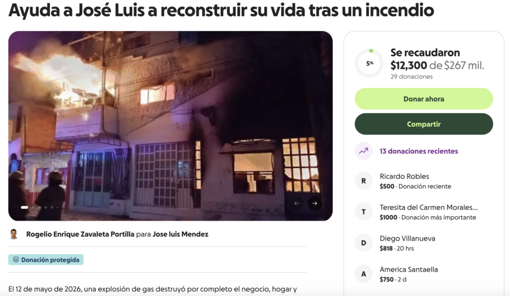 explosión, Momoxpan, GoFundMe, colecta, familia Méndez