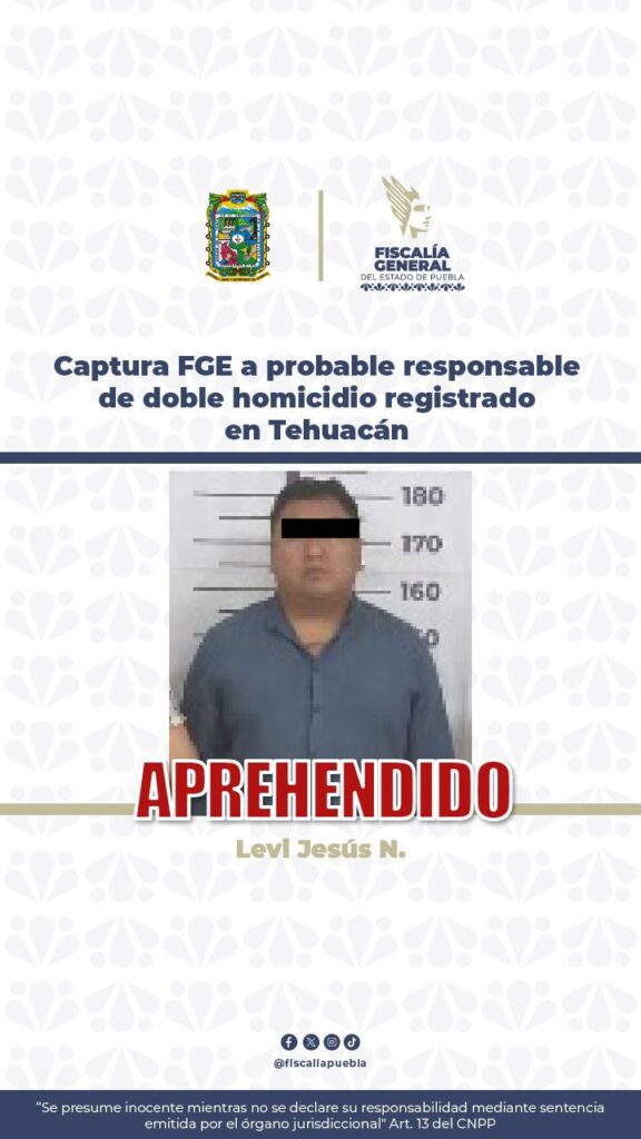 FGE, aprehensión, detenido, homicidio, Tehuacán, San Pedro Cholula