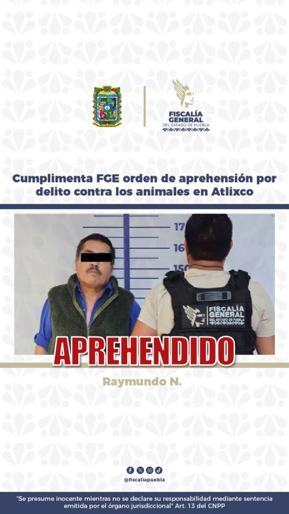 FGE, aprehensión, maltrato animal, crueldad animal, Atlixco, Blanquita