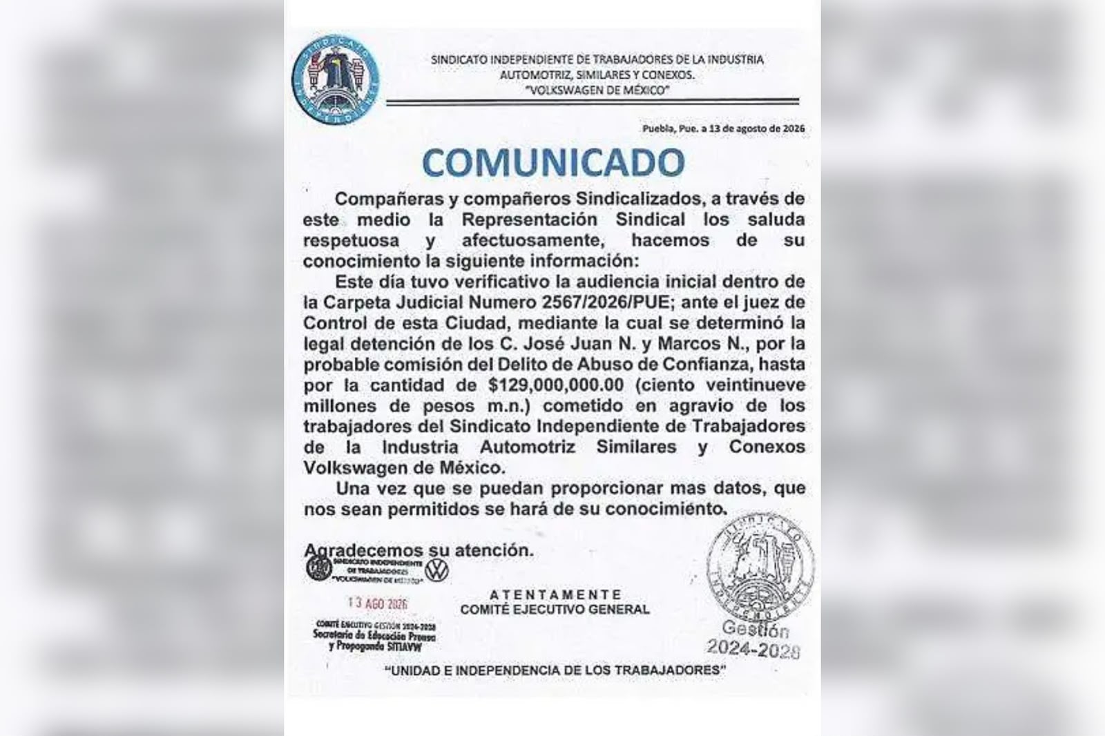 José Juan Hernández, líder, sindicato, Sitiavw, FGE, aprehensión, ex tesorero